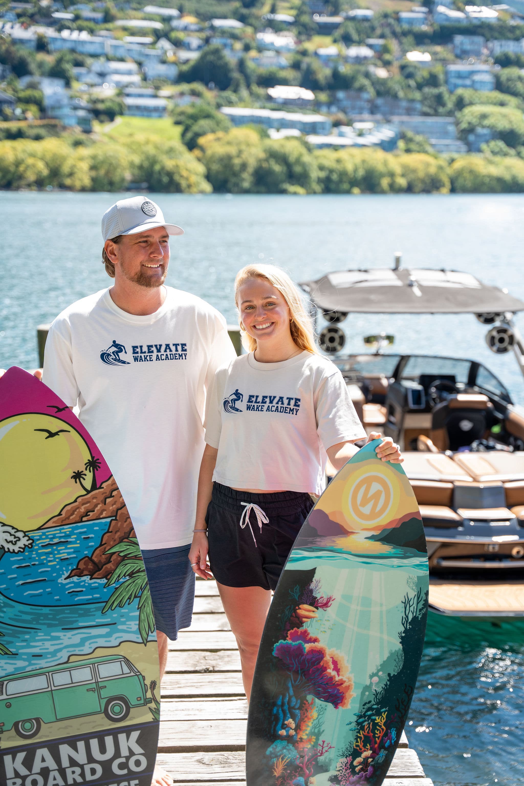 Coaches Emma Galusha and Ryan Deese on the jetty